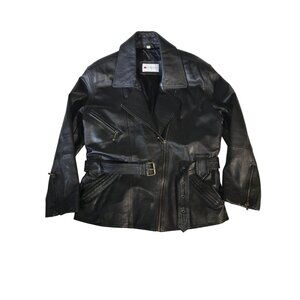Fabiani Women's Black Leather Jacket Size  38 With 2-Inch Belt & Three Zippered